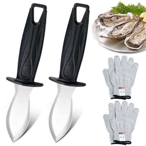 Bestdin Couteau Huitre Set, 2 pièces couteau a huitre avec 2 paires de gant anti coupure, Couteau à Huitres en acier inoxydable avec manche ergonomique, Couteau Huitre