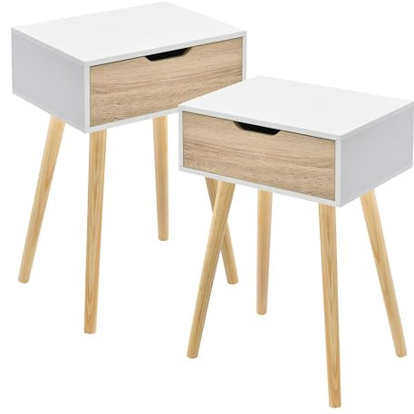 [en.casa] Beistelltisch 2er Set Östersund Wohnzimmertisch 60 x 40 x 30 cm Nachttisch mit Schublade Sofatisch Nebentisch Kaffeetisch Weiß/Eiche