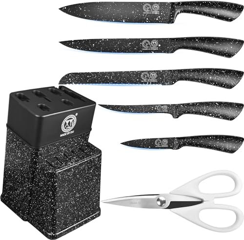 XYJ Juego de cuchillos de acero inoxidable negro con soporte para cuchillos, juego de cuchillos profesionales para cocina en casa, juego de cuchillos para cortar vegetales