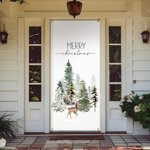 Likjad Weihnachtstürabdeckungen für Haustür, Weihnachtsbaum, Rentier, Türabdeckungen, dekorative Banner, Fotografie-Hintergrund, Hintergrund für Haustür, Veranda, Bauernhaus, Zuhause, Innen- und