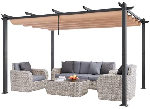 VEVOR Pergola rétractable extérieure 3 x 4 m, tonnelle de Jardin en Aluminium avec auvent Pare-Soleil en Toile Polyester Haute densité Anti-UV, pour patios, Jardins, terrasses, arrière-Cours, Beige