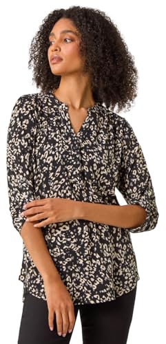 Roman Originals Shirt for Women UK Ladies Top Collarless Blouse Stretchy Tunic Smart Casual Autumn Winter Jersey 3/4 Length Sleeve Notch V Neck Flattering Office Work - Grey Noir - Size 10