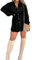 Women Loose Fit Shirt Dress Casual Satin Nights Romper Dress Long Sleeve Lapel Collar V Neck Button Down Short Silk Dress (Black A, L)