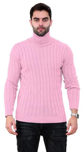 Hamishkane Mens High Polo Roll Neck Jumper, Cable Knitted Long Sleeve Turtle Neck Sweaters, Casual Pullover Winter Jumpers for Men UK Rose Pink