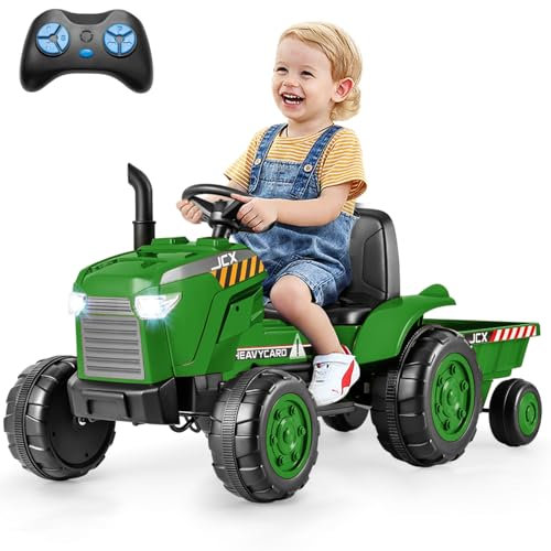 Maxmass 12V Kids Ride on Tractor, Battery Powered Electric Car with Detachable Trailer, Remote Control, Wireless Connection, USB, Music, Electric Construction Vehicle for 3-8 Years Old (Dark Green)