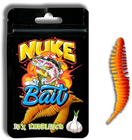 Nuke Bait - Forellen/Barschköder - Twister mit Aroma - 5 STK. - Das Original - Barsch Köder, Gummiköder mit Lockstoff, Angelköder, Raubfisch (Knoblauch, Orange, 4cm)