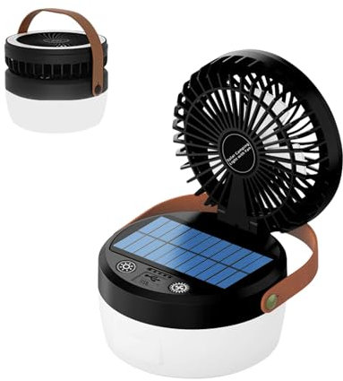 Ventilatore solare da campeggio, USB ricaricabile, ventilatore da tavolo, batteria da campeggio, 90°, regolazione su/giù, luce a 4 livelli, velocità del vento a 3 livelli (nero)
