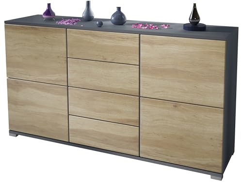 Vladon Sideboard Rova V1, Kommode mit 4 Türen und 4 Schubladen, Anthrazit matt/Eiche Wotan (138,5 x 75,5 x 35)