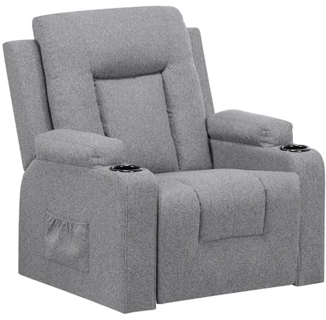 LUCKRACER Fauteuil de relaxation avec fonction allongée et repose-pieds - Pivotant à 360° - Avec porte-gobelets et poche latérale - Lin - Gris foncé