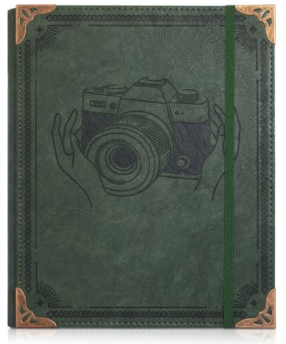Photo Album 4x6, Leather Photos Albums, Vintage Travel Scrapbook Photo Album, Picture Album for Family Anniversary Wedding, Gift for Anniversary (Green Camera)