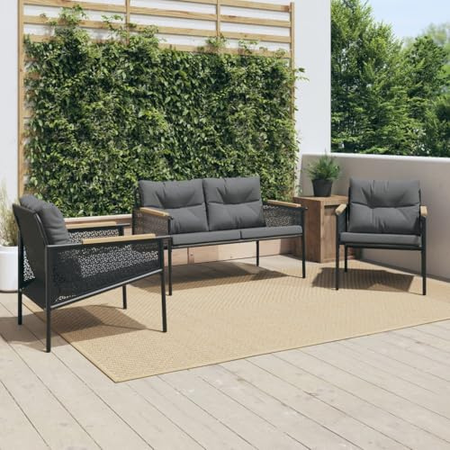 Teenpull 3-TLG. Balkonmöbel-Set Schwarz, pulverbeschichteter Stahl, Textilene, Teak-Holz, Garten Loungeset mit Kissen für Terrasse, Veranda, Outdoor