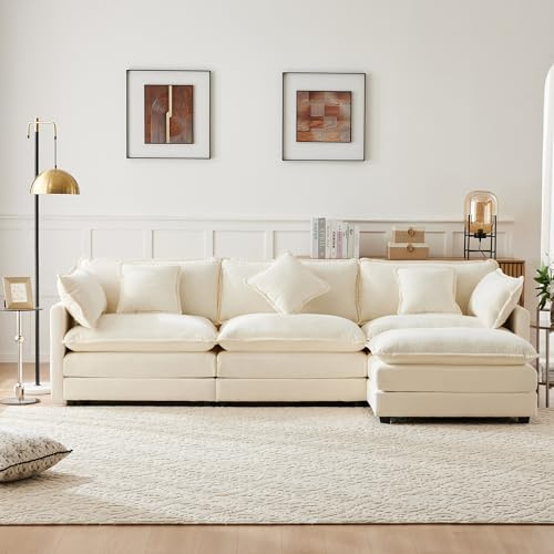 A ALFRESCOOL Sofa L Form mit Schlaffunktion, Ecksofa, Modulares Sofa mit 1 Fußstütze, Polstermöbel, Chenille-Stoff, Polstersofa, Ergonomisch, für Wohnzimmer, Schlafzimmer, 283×147×84cm (Beige)