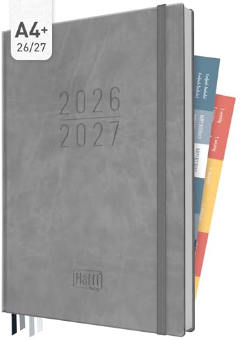 Häfft Lehrer-Planer Maxi 2026/2027 im A4+ Format Grey Edition | Großer Lehrerkalender & Schulplaner für das Schuljahr 26/27 – Hardcover mit 4 Lesebändchen, Notenlisten & Stickern