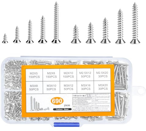 690 Pcs M2 M2.5 M3 Tornillos para Madera, Tornillos Autorroscantes Autoperforantes, tTornillos de Cabeza Plana Cruzada, tTornillos de Cabeza Avellanada para Suelo Madera Modelismo(plata)