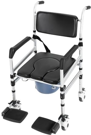 Dusch-Toilettenrollstuhl mit Rädern, Klappbarer Duschstuhl, Toilettenstuhl Fahrbar mit Sicherheitsgurt und Weiches Sitzkissen, Bis 160 kg Belastbar, Duschrollstuhl für Senioren, Pflege