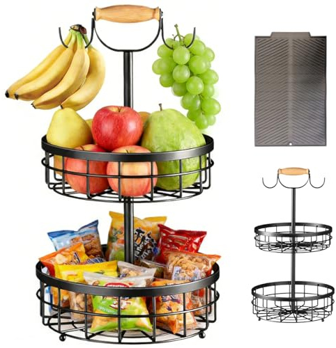 Frutero de 2 Niveles con Soporte para Plátanos, Cesta de Frutas de Metal Desmontable, Gran Capacidad para Frutas, Verduras, Pan y Snacks, con Alfombrilla de Escurrido, Negro