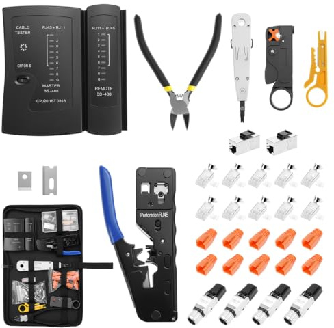 QWORK® Juego de herramientas de red – Tenaza para crimpado Pass Through RJ45 para Cat7, Cat6, Cat5, incluye probador de cables LAN y accesorios