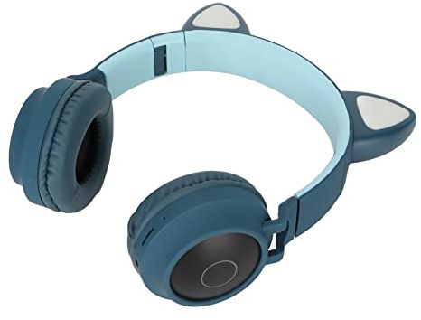 FILFEEL Cute Cat Ear Gaming Headphones with Deep Bass, LED Light, Soft Earmuffs, and Foldable Design for Comfort and (Blue Green)