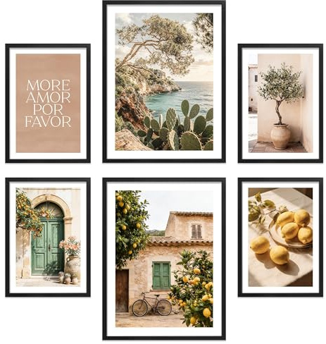 ARTFAVES® Poster Set - La Dulce Vida Española - mehrteilige Wanddeko Wohnzimmer, Schlafzimmer - 6 moderne Wandbilder Abstrakt, Kunst, Sommer, Spanien, mediterran, Mallorca - mit Rahmen Schwarz