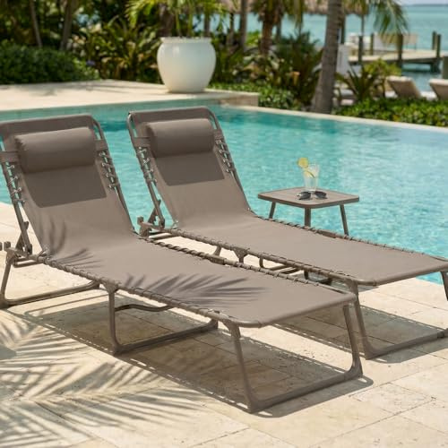 CASABEL Tumbona Plegable reclinable, Taupe | Lote de 2, Respaldo reclinable, textileno transpirable, acero anticorrosión, plegable y ligera. Ideal para jardín