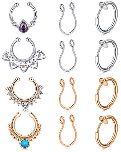 Mayhoop 12Stk Fake Piercings Fake Nasenring Septum Edelstahl mit Diamant Türkis Amethyst Fake Piercings Nase Septum Face Piercing Nase Septum Lippe Ohr Ring Hoop für Männer Damen