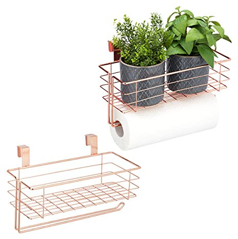 Relaxdays 2X paniers Suspendus avec Porte Rouleau de Cuisine, Rangement, Cuisine et Bain, métal, HxLxP : 18 x 31 x 17 cm, cuivre