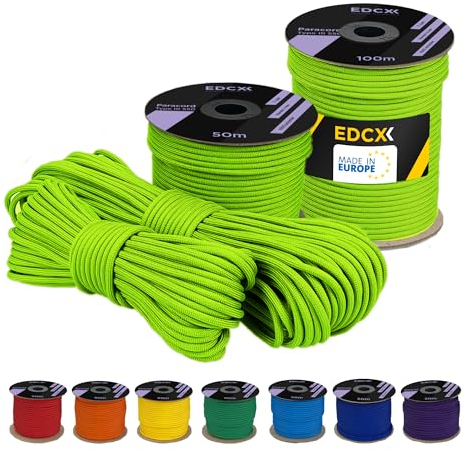 EDCX 4 mm Polyester Paracord 550 25+ Farben (15, 30 und 50 m) – Typ III, 100% Nylonseil, 7 Litzen Seil, 4mm Nylonseil in vielen Farben | Solid Colors (Neon Green, 15 m)