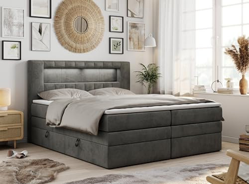 MKS MEBLE Boxspringbett 180x200 mit Led Samt Grau, Polsterbett mit LED Kopfteil, Multipocket Matratze H4, Doppelbett mit Bettkasten Stauraumbett - GOLD-5-KING - Monolith Grau