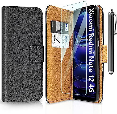 ivencase Handyhülle Kompatibel mit Xiaomi Redmi Note 12 4G Hülle mit Schutzfolie und Touch Stylus Pen, PU Leder Wallet Flip Case Brieftasche Tasche Etui Handyhülle - Schwarz