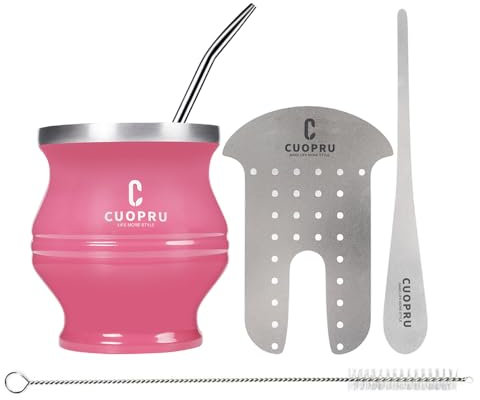 Cuopru Modern Mate Cup and Bombilla Set - Includes Cup, Yerba Mate Shaper, Bombilla Straws and Cleaning Brush (Pink Red)