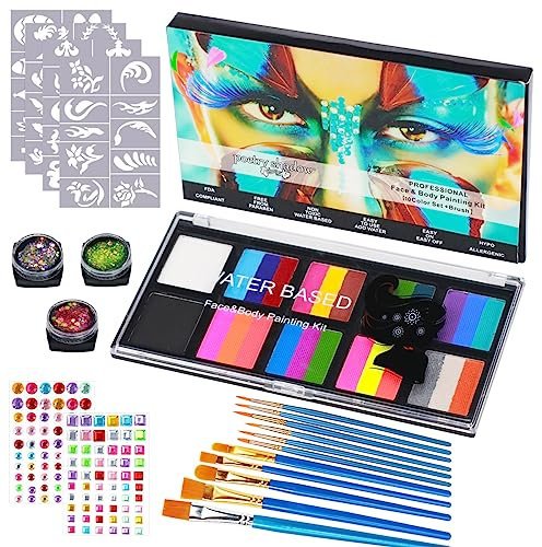 Pintura Cara Niños, 20 Colores Seguridad No Tóxica Pintacaras Infantil, con 10 Pinceles Profesionales y 40 Plantillas de Tatuaje, Pintura Corporal y Facial para Halloween Navidad