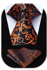 HISDERN Krawatte Herren mit Einstecktuch - Krawatten Extra Lange Marineblau & Orange Paisley Seide Hochzeit Krawatte und Taschentuch Set für Männer