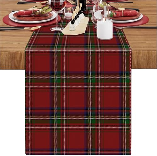LRartdeco Tischläufer Weihnachten Rot 33x183cm Modern Leinen Table Runner Geometrisch Buffalo Check Dekoration Tisch Läufer 1er Set Tischband Für Hochzeit Party Esszimmer Esstisch Deko