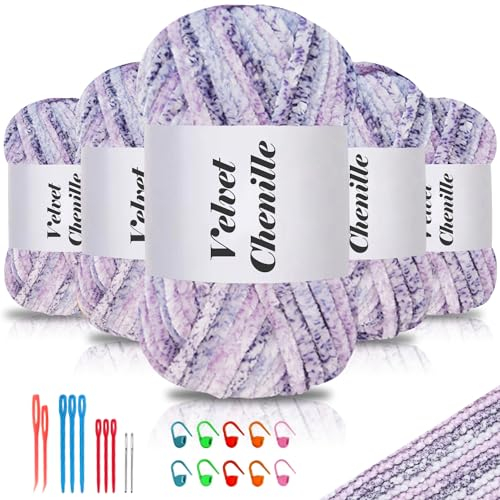 Maxee 500g(5×100g) Samtig Babywolle, Samt Chenille Garn mit Häkelwerkzeuge, Kuschelweich Velvet Chenillegarn Flauschige, Weich Plüschwolle Häkelgarn Wolle zum Stricken & Häkeln
