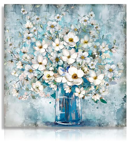 Dazzlewall Vintage Blumen Leinwand Bilder Blumen In Vase Ölgemälde, Rustikale Botanische Wandbilder für Schlafzimmer Wohnzimmer Dekor 40X40 cm Ohne Rahmen