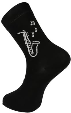 Musik-Socken mit eingewebtem Saxofon, Black&White-Edition, 1 Paar (DE/NL/SE/PL, Numerisch, 43, 45, Regular, Regular, schwarz)