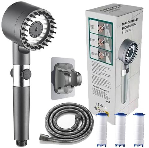 Alcachofa de ducha con filtro, alcachofa de ducha con manguera, ahorro de agua, alta presión, 3 + 1 tipos de chorro, alcachofa de ducha con ajustable para cloro residual de agua, agua dura, metal