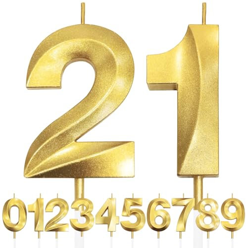 21st Birthday Candle, 3D Design Gold Glitter Number Candles, Cake Topper Decorations, Cake Candle for Birthday Party, Wedding Anniversary, Baby Shower, Party Decoration