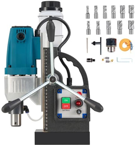 ZELCAN 1100W Mag Drill Press, Portable Magnetic Drilling Press with 40 mm Boring Diameter, Heavy Duty Magnetic Drill with 11 Drill Bits, 12000N 550 RPM Electric Drilling Machine with All-Copper Motor