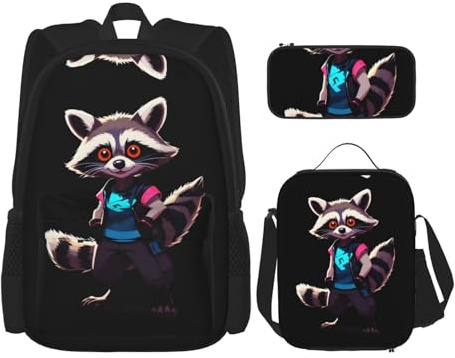 WZYCWB Neon Raccoon Hack Rucksack (3-teiliges Set), Rucksack mit großer Kapazität, Schüler-Schultasche, Federmäppchen, Lunch-Taschenkombination