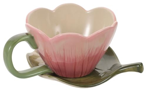 NUOBESTY 1 set di tazze da caffè a forma di tulipano con piattino a forma di foglia - set di tazze e piattini in ceramica dipinti a mano da 320 ml - tazza a di fiore per donne, ufficio, caffè,