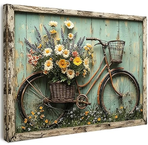Qiukoo Leinwandbild gerahmt - Rustikales Fahrrad mit Blumendruck, Landhaus, Garten, Wanddekoration für Wohnzimmer, Schlafzimmer, Flur oder Eingangsbereich, Heimdekoration, Blumenkunst mit Haken u