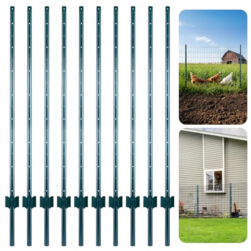 Minifactory Metal Fence Posts 4FT & 5FT, Pack of 10 - No Dig Steel Garden U Posts with Green Rust-Resistant Coating for Wire Fencing, Chicken Wire & Yard Borders (5ft)