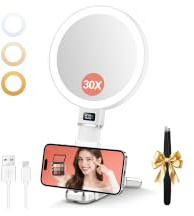 MOMOKUBA 30fach Vergrößerungsspiegel mit Licht, Aufladbarer Kosmetikspiegel mit Beleuchtung, Höhenverstellbarer Tragbarer Reisespiegel mit Display, Ideal für Reisen & Make-up, Toller Damen Geschenk