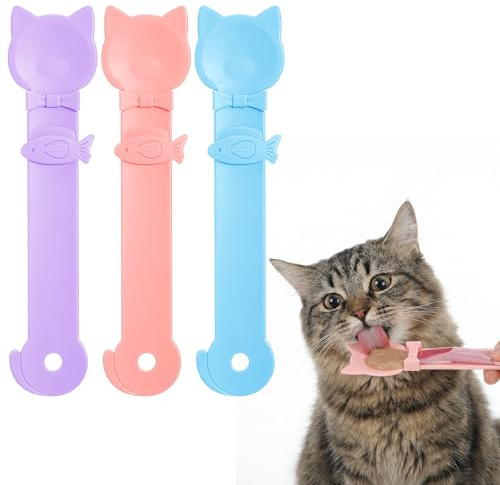 LLOUSSAK 3PCS Cat Treat Spoon Squeeze, Cat Head Food Dispenser Spoon for Wet Treats, Multi-Function Feeding Tool for Cats & Small Pets