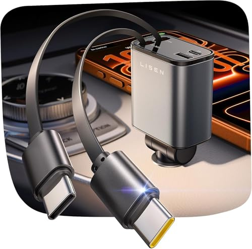 LISEN 87W Zigarettenanzünder 3-USB C Auto Ladegerät Adapter | 2 Einziehbare USB-C-Kabel für Fahrer & Beifahrer 45W PD+PPS 87W für 4 Geräte Kein Kabelsalat 180° drehbar
