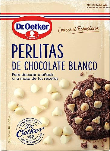 DR. OETKER - Perlitas de Chocolate Blanco 100 g, Pepitas de Chocolate para Repostería y Pastelería, Textura Crujiente, Bolsa Doypack con Cierre Zip