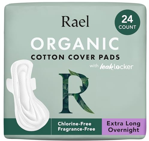 Rael Compresas con Alas, Cubierta de Algodón Orgánico (XL Nocturno, 24 Uds) | Absorción máxima para la noche, Ultrafinas, Postparto, Hipoalergénicos, Sin Fragancia, Sin Cloro, Vegano, Cruelty Free