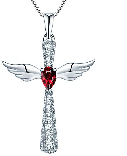 YL Kreuz Engelsflügel Halskette 925 Sterling Silber Juli Geburtsstein Rubin Schutzengel Anhänger Halskette für Damen