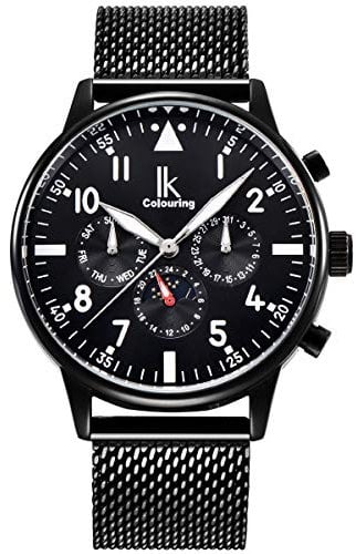 Alienwork Automatikuhr Armbanduhr Herren Schwarz Metall Mesh Armband Edelstahl Kalender